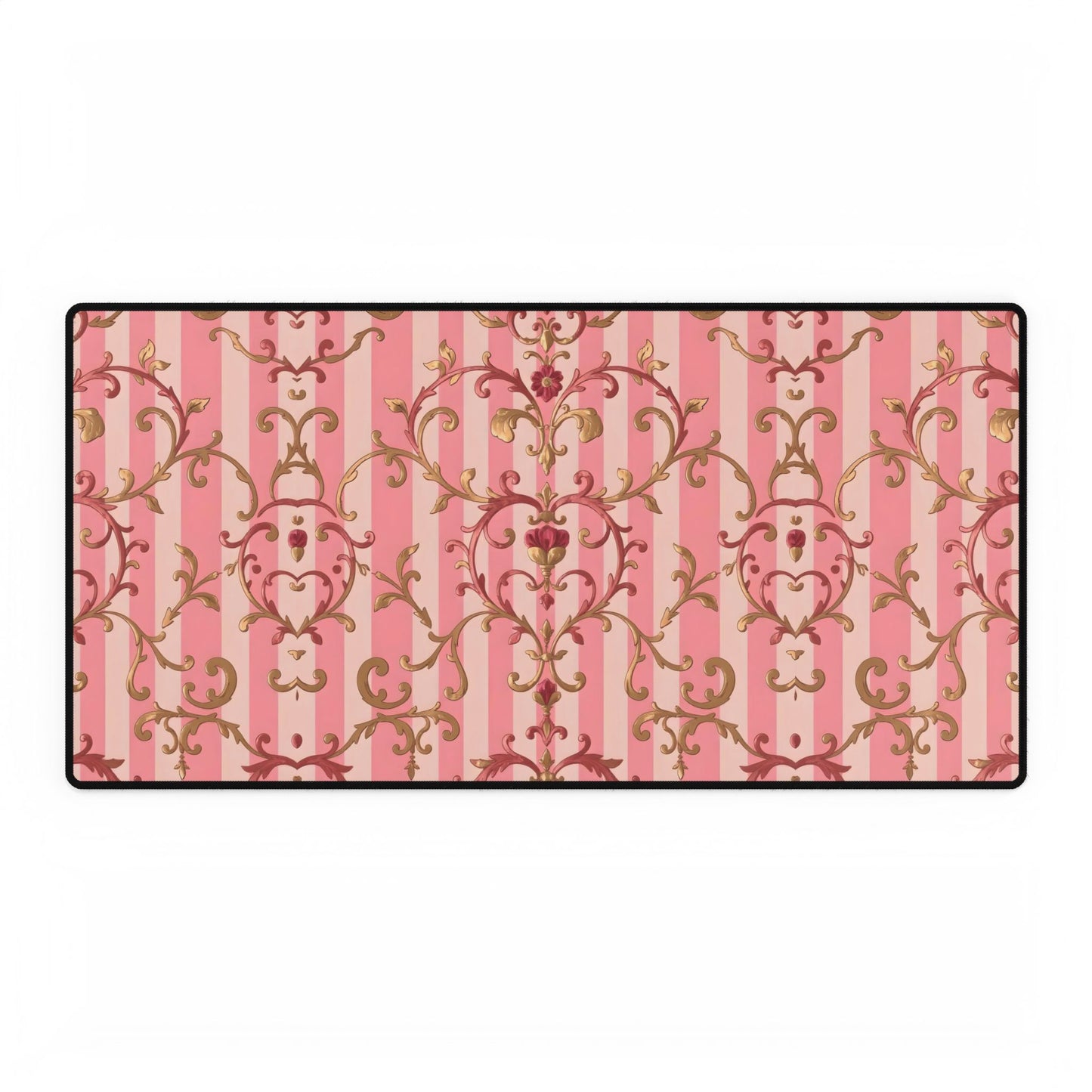 Elegant Floral Motif Desk Mat for Home Office Decor - Pink Striped Rose Gold Damask