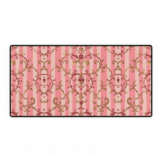 Elegant Floral Motif Desk Mat for Home Office Decor - Pink Striped Rose Gold Damask