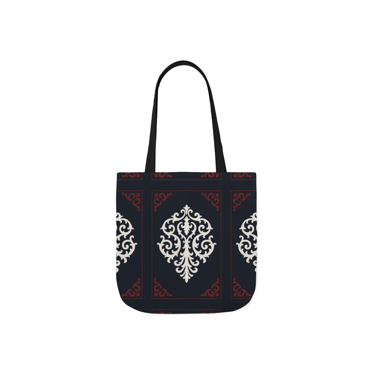 Dusk Blue-Maroon & White Baroque Pattern Canvas Tote Bag — Elegant Dusk Blue & White Reusable Market Bag