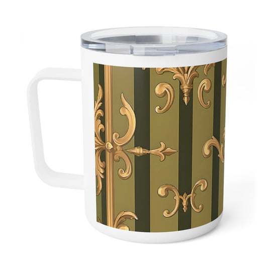 Elegant Insulated Coffee Mug, Vintage Charm, Coffee Lover Gift, Decorative Travel Cup, Stylish Kitchenware - Olive Green Striped Rococo