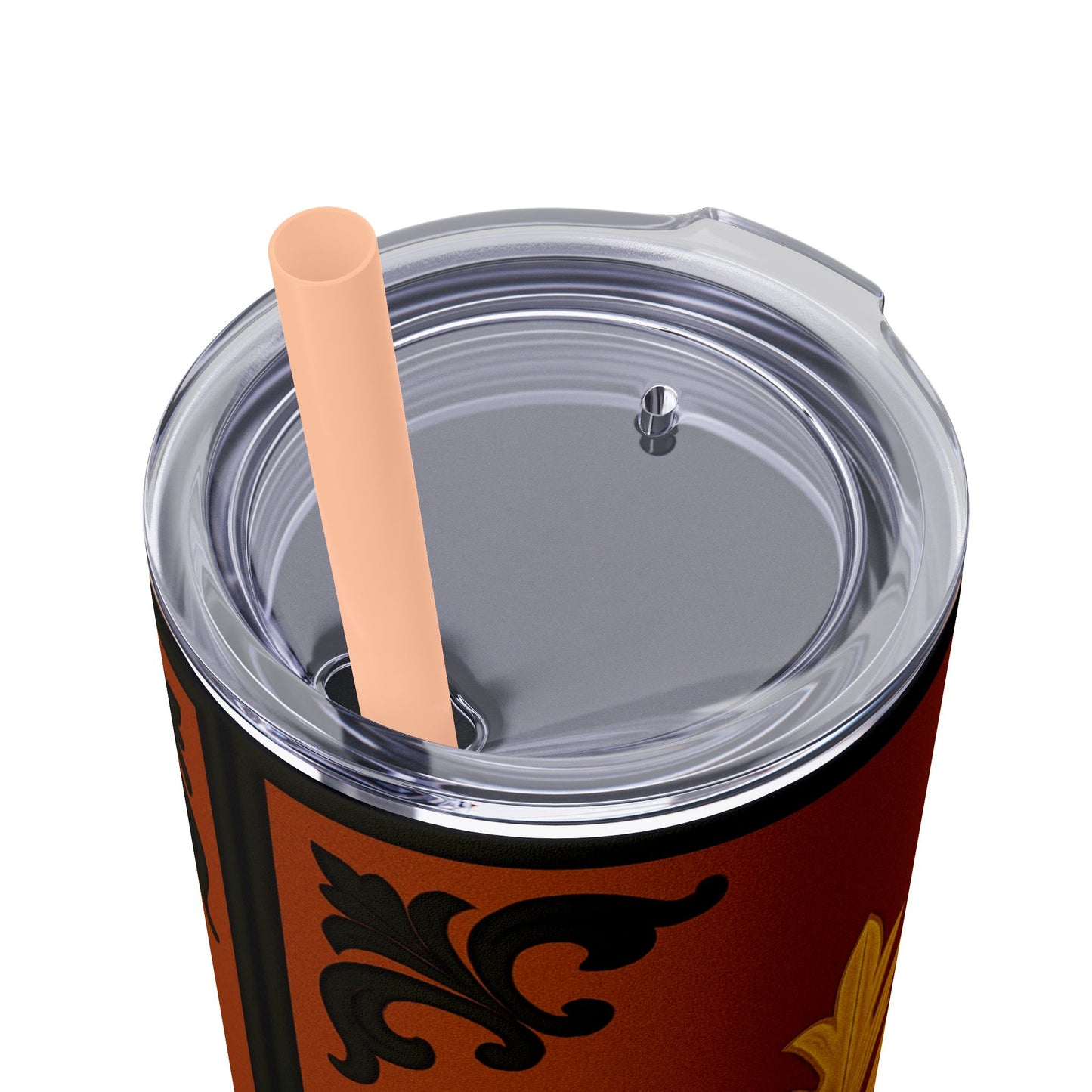Dusk Terracotta Baroque 20oz Skinny Tumbler with Straw — Vintage Gold Baroque Design