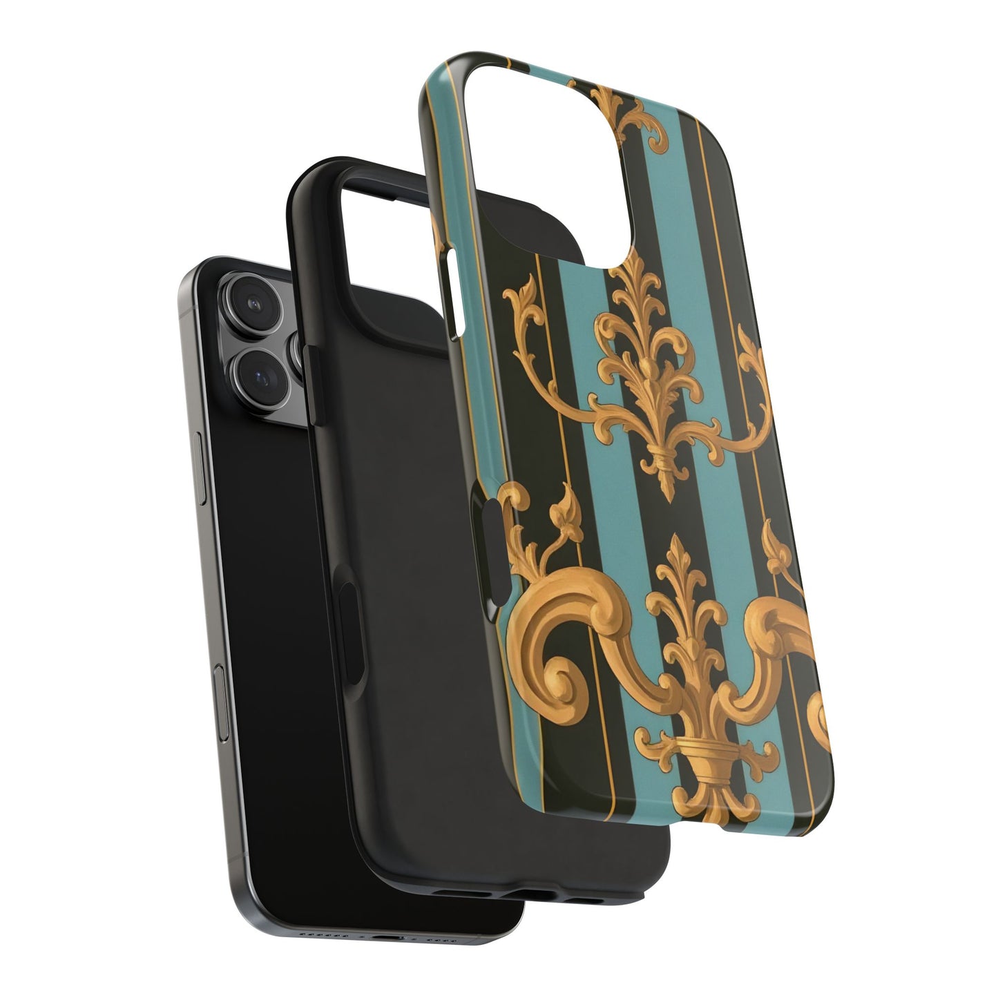 Elegant Baroque Tough Phone Case, Stylish Phone Cover, Durable iPhone Case, Unique Gift - Black & Turquoise Striped Baroque
