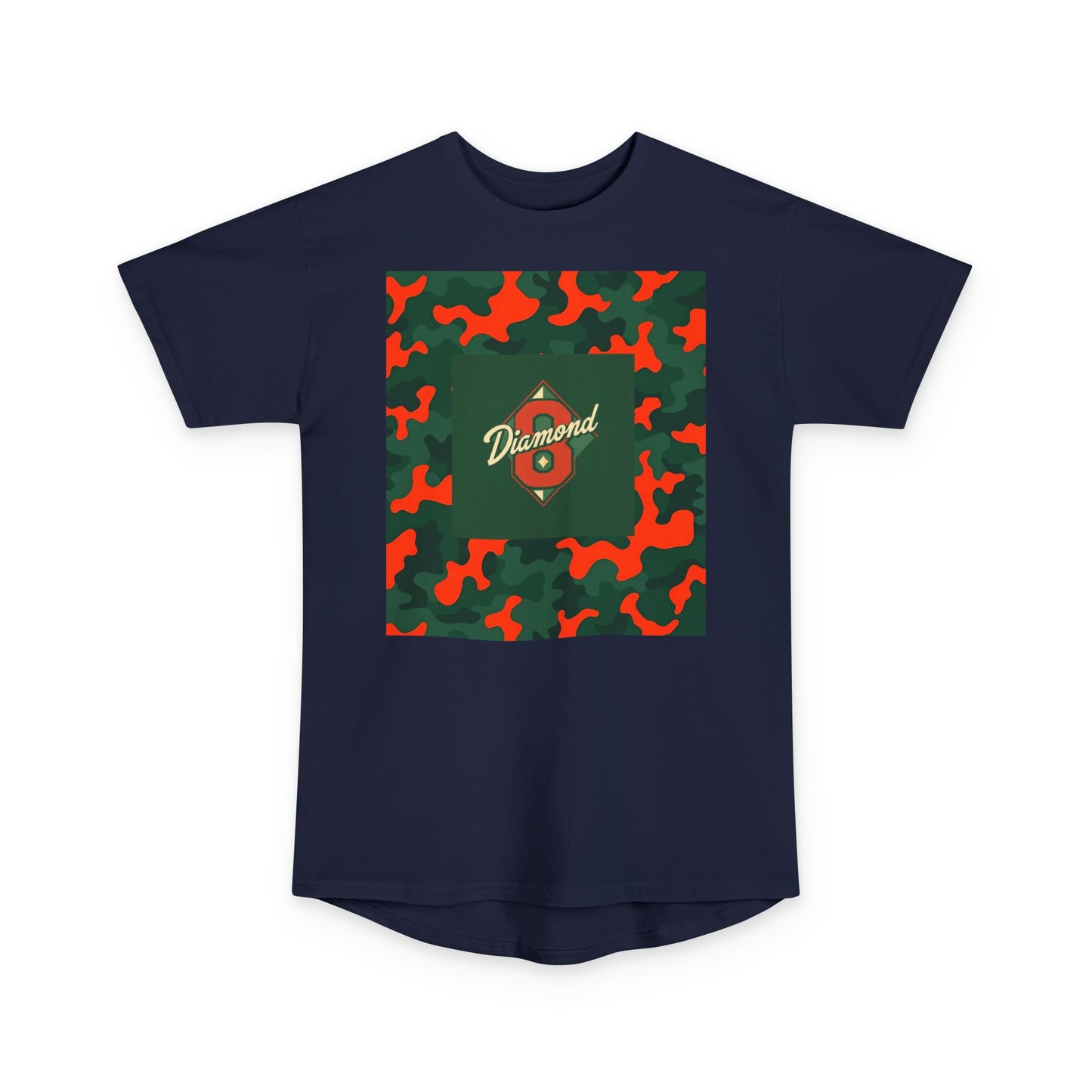 Urban Camo Long Body Tee, Trendy Streetwear, Summer Fashion Top, Unisex Casual Shirt, Gift for Him/Her - Green & Orange Camo Diamond 8