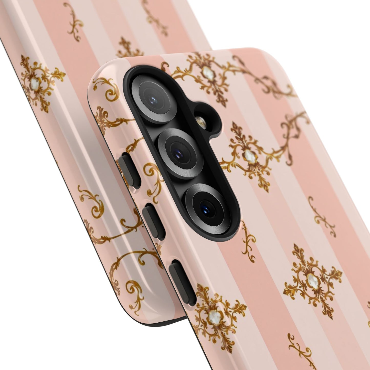 Elegant Floral Phone Case, Tough Cases for Women, Trendy Phone Cover, Chic Gift - Pink Jeweled Striped Gold Baroque