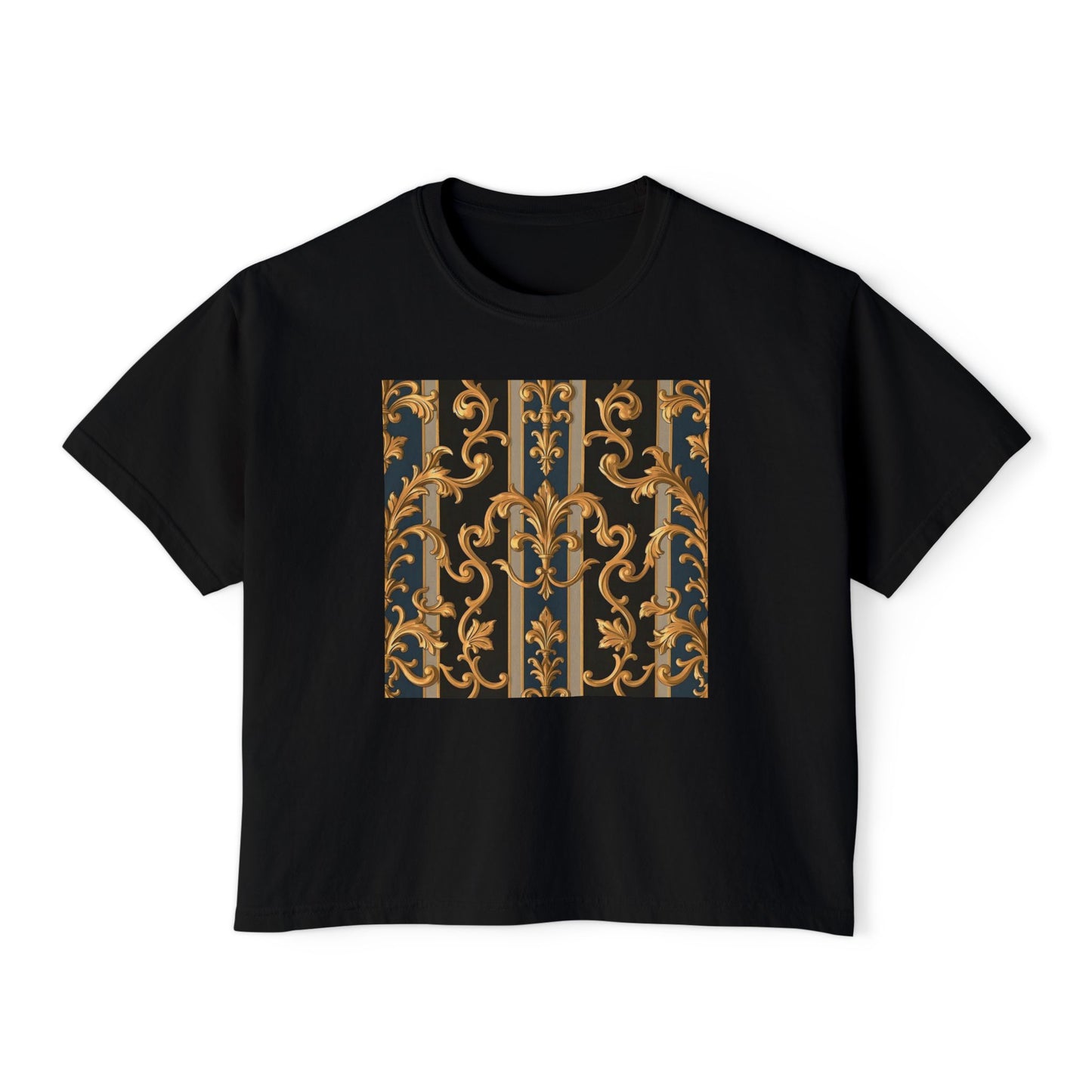 Chic Women's Boxy Tee with Elegant Gold Design, Casual T-Shirt, Stylish Summer Top - Blue & Black Striped Rococo