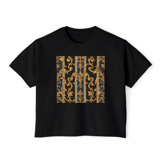 Chic Women's Boxy Tee with Elegant Gold Design, Casual T-Shirt, Stylish Summer Top - Blue & Black Striped Rococo