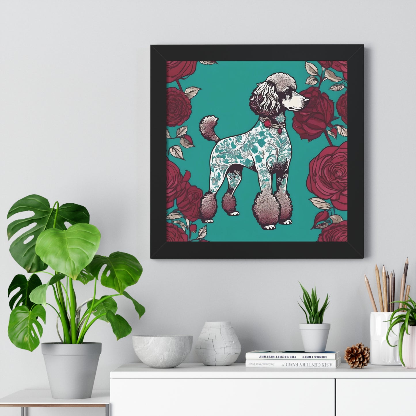 Vertical Poster - Stylish Framed - Art for Home Decor - Damask Aqua & White Poodle With Burgundy Roses