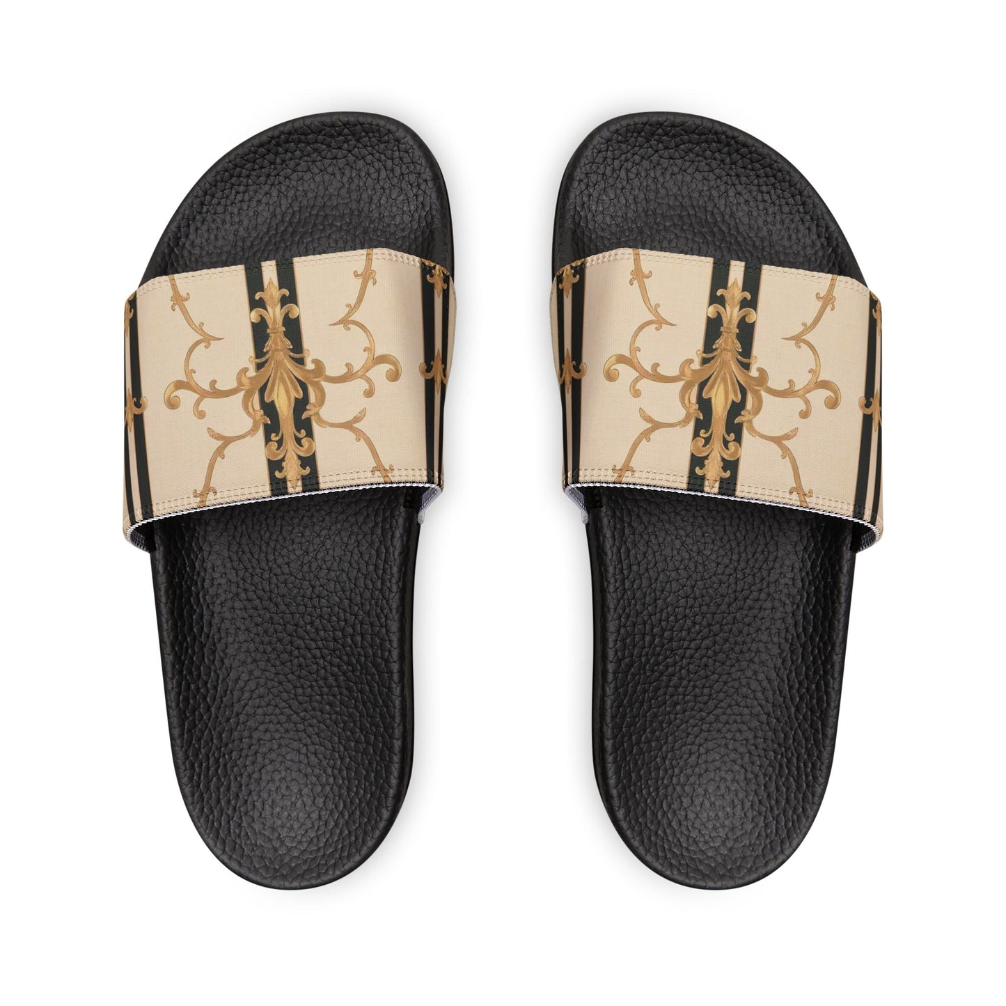 Chic Women's Sandals, Stylish Slip-On Footwear, Summer Essentials, Vacation Shoes, Trendy Outdoor Slides - Black & Beige Striped Damask