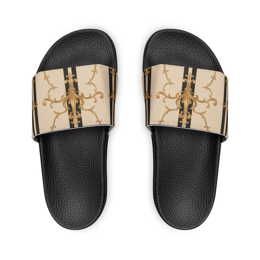 Chic Women's Sandals, Stylish Slip-On Footwear, Summer Essentials, Vacation Shoes, Trendy Outdoor Slides - Black & Beige Striped Damask