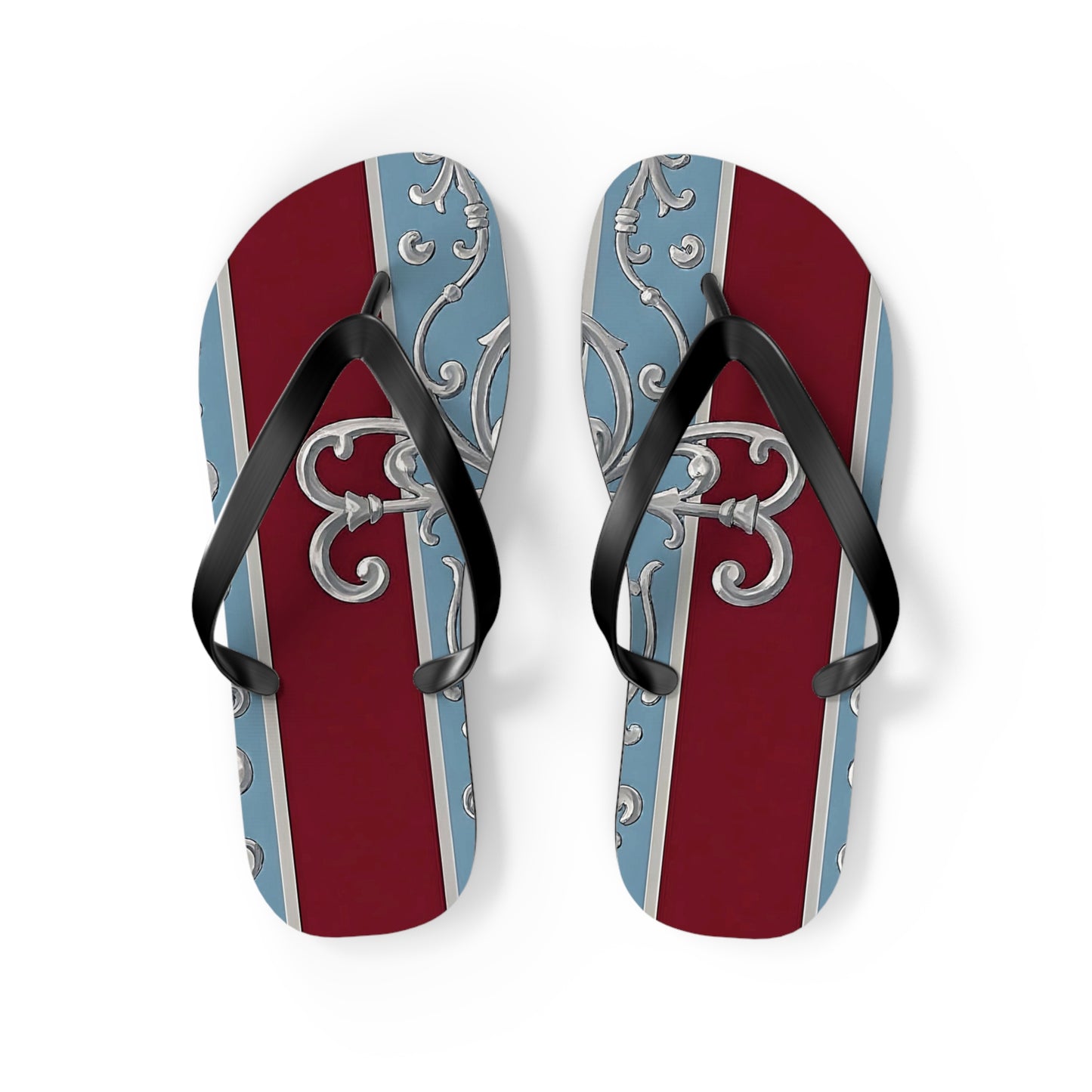 Elegant Vintage Flip Flops - Stylish Summer Footwear with Classic Design - Ice Blue & Burgundy Striped Baroque