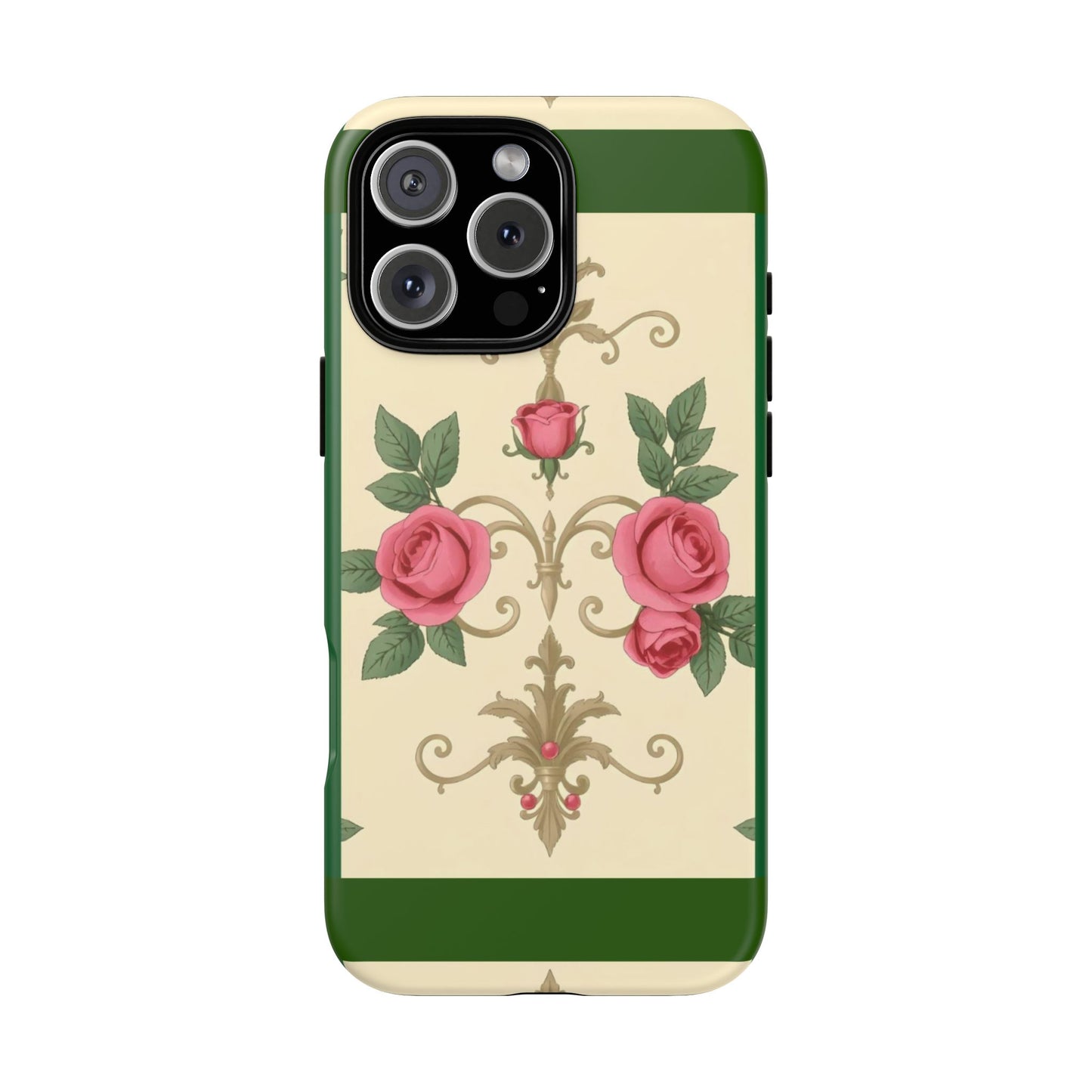 Elegant Floral Motif Phone Case - Tough Cases with Vintage Design - Green Border Roses & Damask
