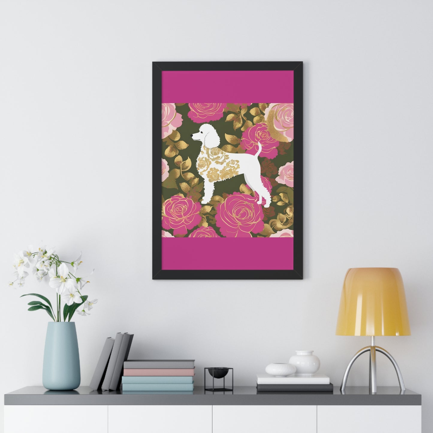 Vertical Poster - Stylish Framed - Art for Home Decor - Damask White Poodle & Pink Roses