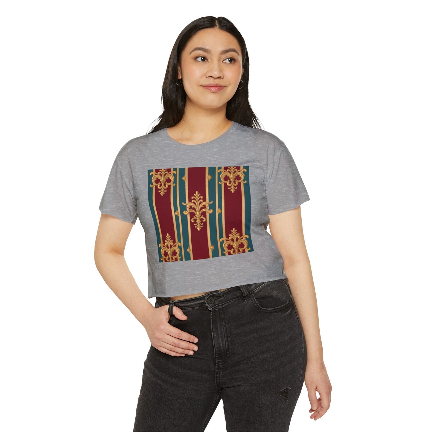 Baroque Chic Festival Crop Top | Women’s Floral Summer Tee, Outdoor Concert Wear, Vacation Top - Burgundy Striped Gold Baroque