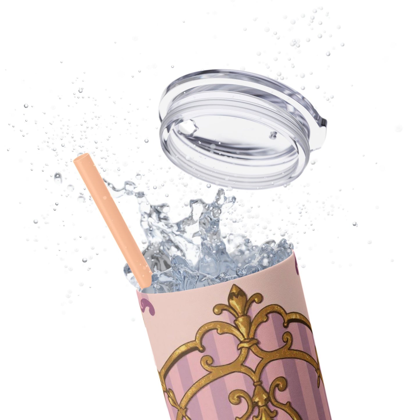 Elegant Lavender & Alabaster Striped Gold Baroque Tumbler - Insulated 20oz Skinny Cup with Straw, Ideal for Gifts, Parties, and Daily Use