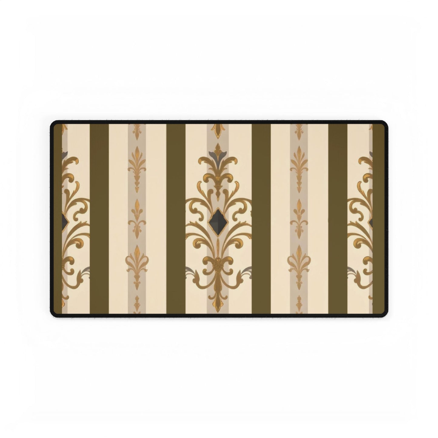 Elegant Floral Motif Desk Mat for Home Office Decor - Olive Striped Gold Damask