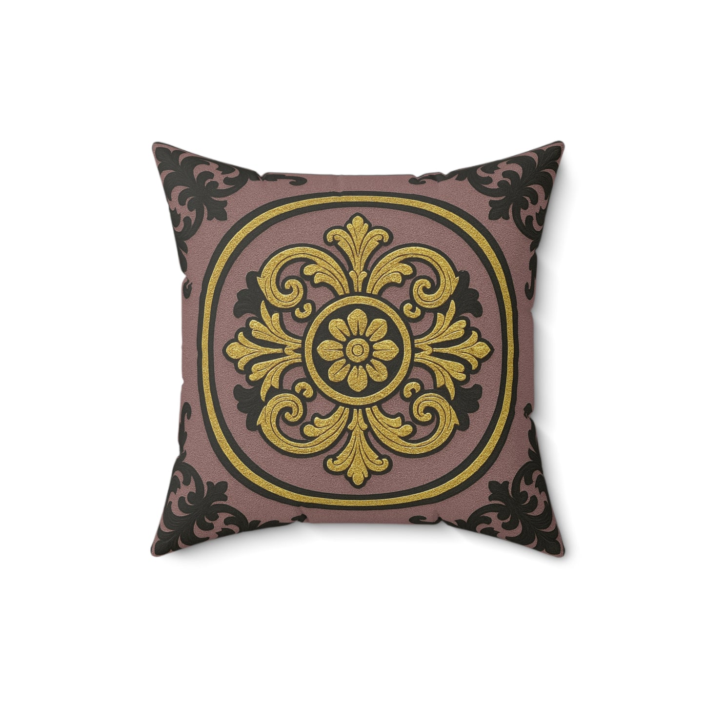 Elegant Gilded Mauve With Gold-Black Baroque Faux Suede Pillow, Decorative Cushion for Home Decor, Living Room Accent, Gift for Holidays