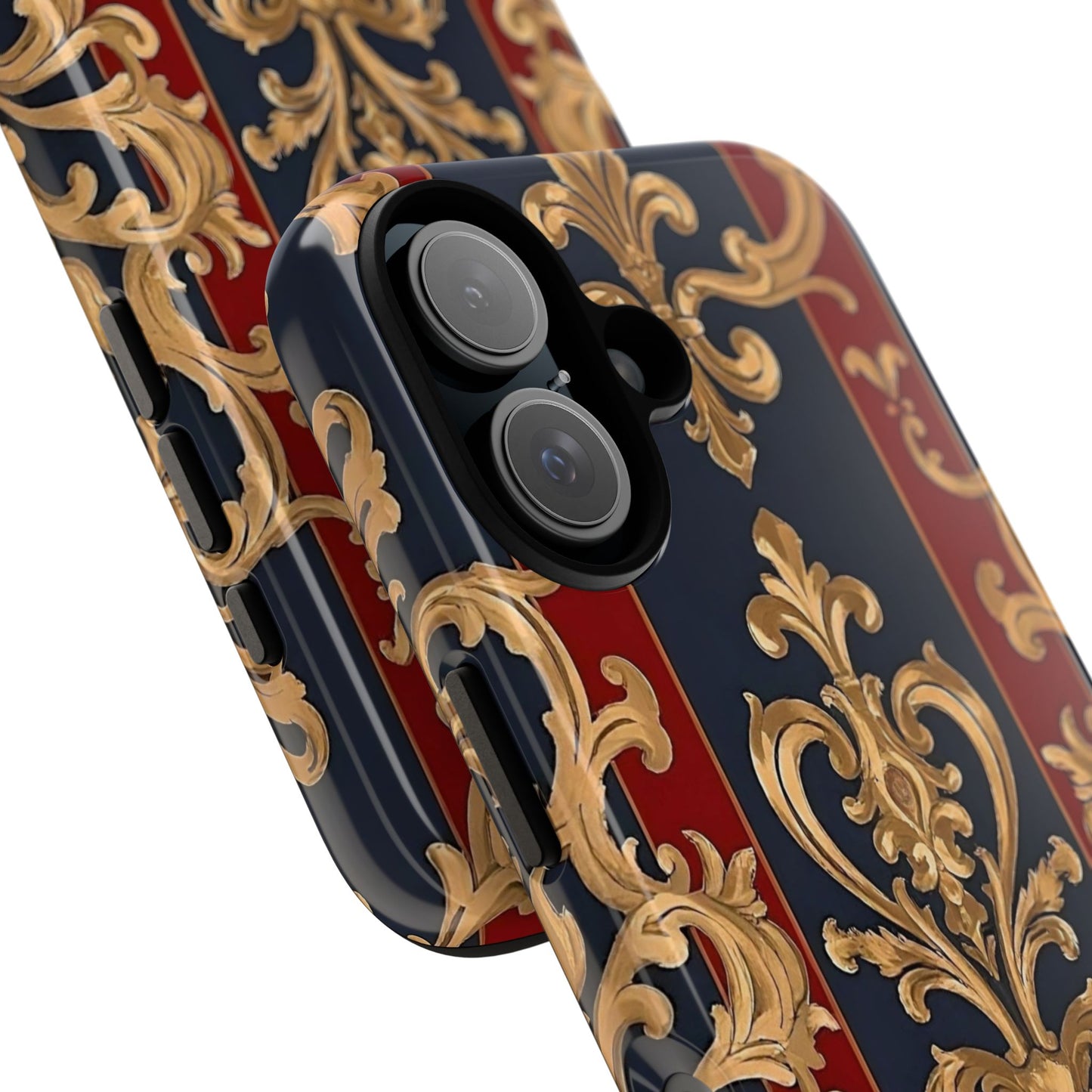Elegant Floral Motif Phone Case - Tough Cases with Vintage Design - Midnight Blue & Dusk Red Striped Gold Damask