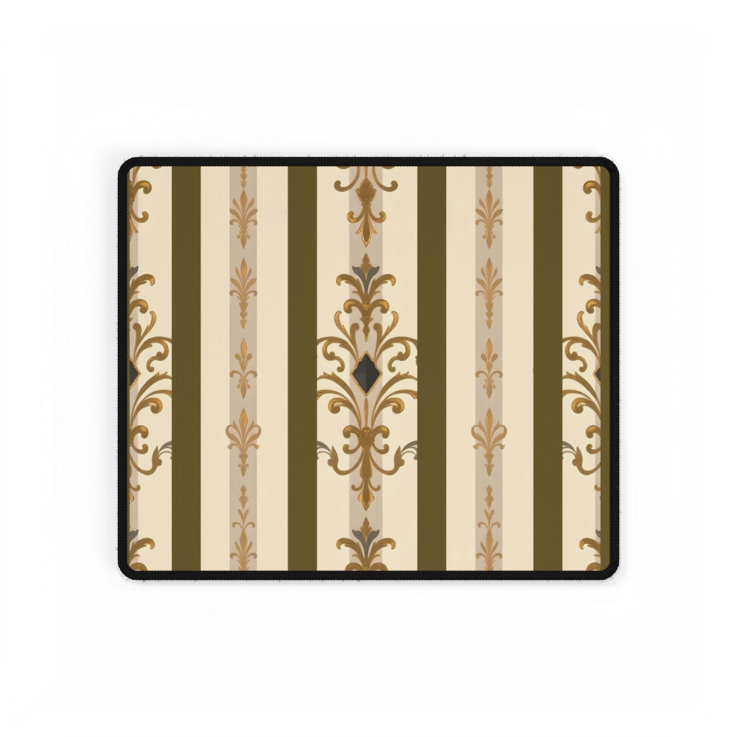 Elegant Floral Motif Desk Mat for Home Office Decor - Olive Striped Gold Damask