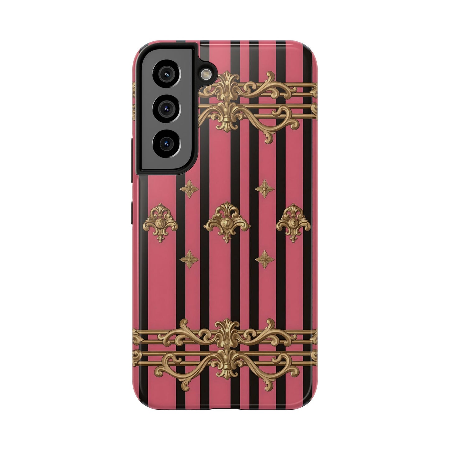Elegant Floral Phone Cases, Stylish Protective Case for Trendy Individuals, Unique Gift for Tech Lovers, Phone Accessories - Pink Striped Gold Rococo