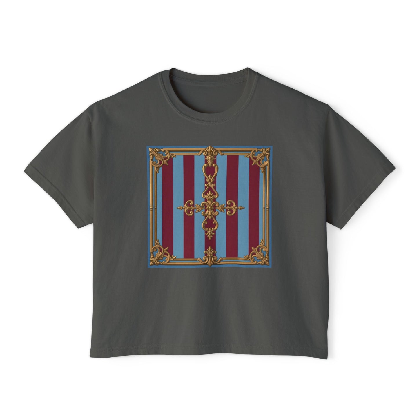 Baroque Women's Boxy Tee, Vintage Style T-shirt for Festivals, Casual Wear, Summer Outfits, Gift for Her - Sky Blue & Maroon Striped Baroque