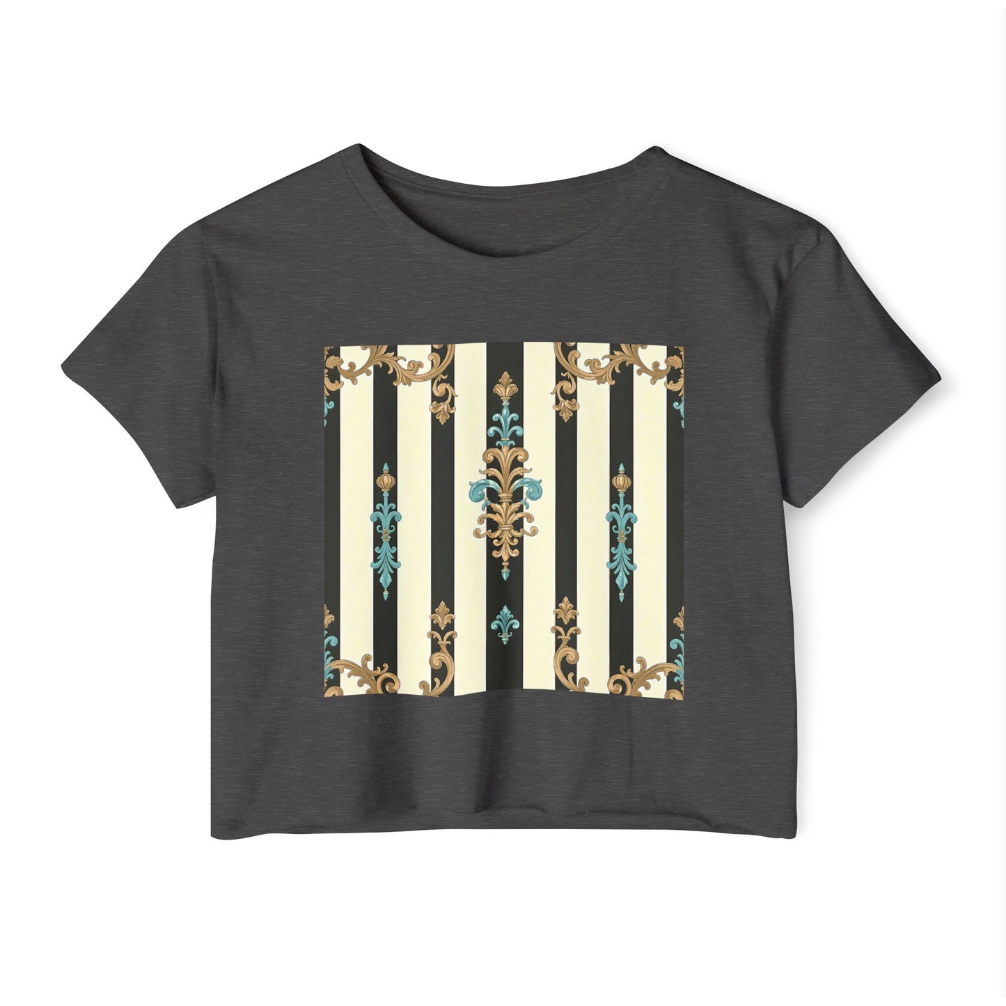 Bohemian Festival Crop Top, Stylish Summer Tee, Casual Day Out Shirt, Trendy Women’s Apparel - Black Striped Turquoise & Black Rococo