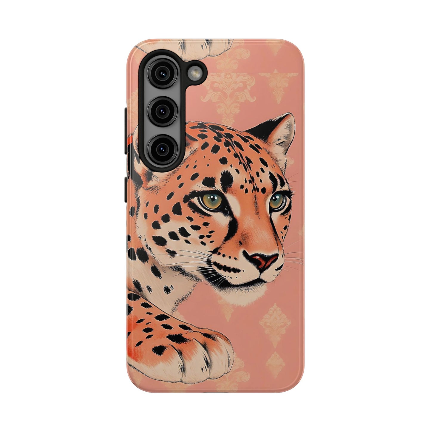 Leopard Tough Phone Case - Trendy Floral Motif Design for Animal Lovers - Peach Leopard & Damask