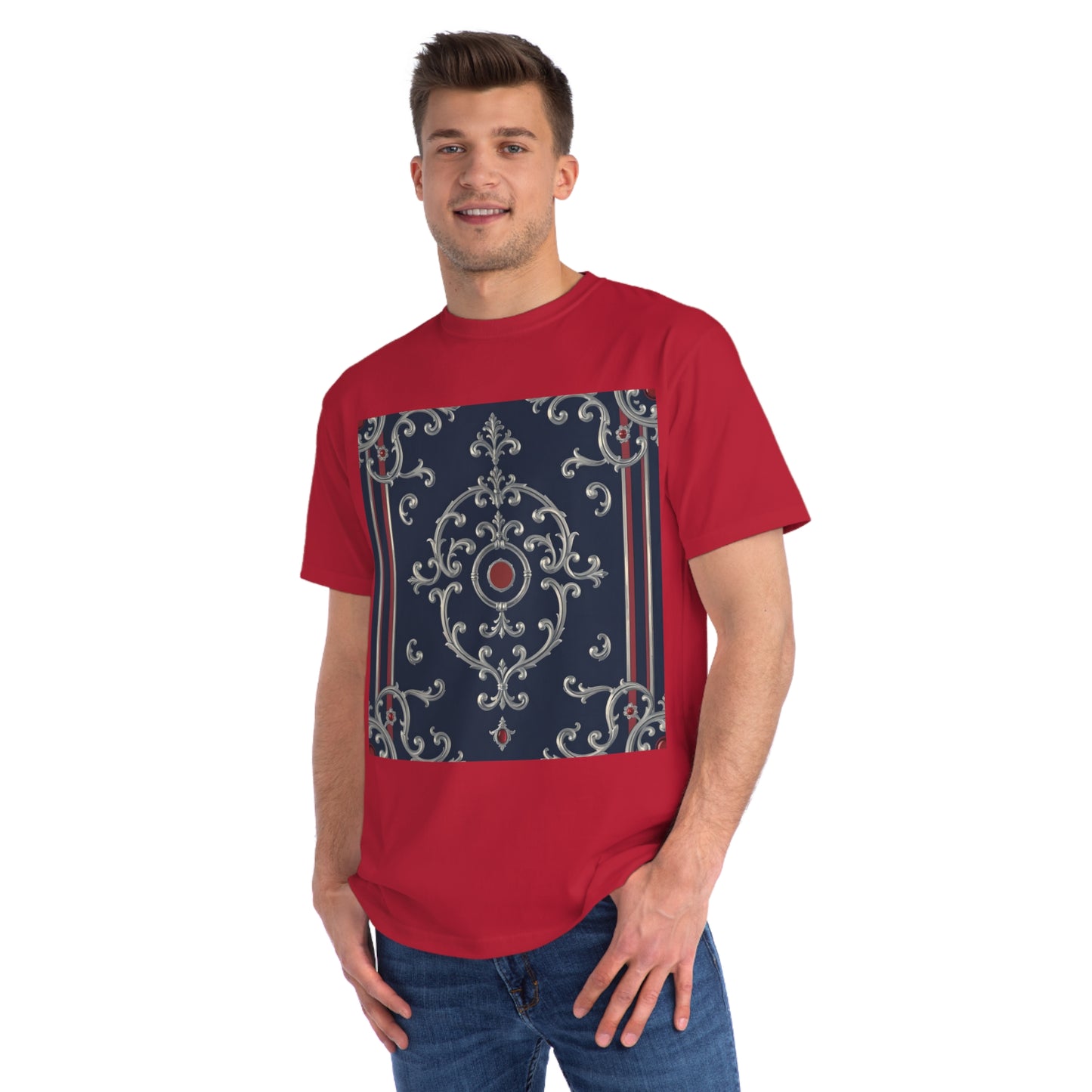 Vintage Pattern Organic Unisex T-Shirt | Baroque Style Tee, Casual Wear, Unique Gift, Eco-Friendly Fashion - Blue & Red Striped Silver Baroque