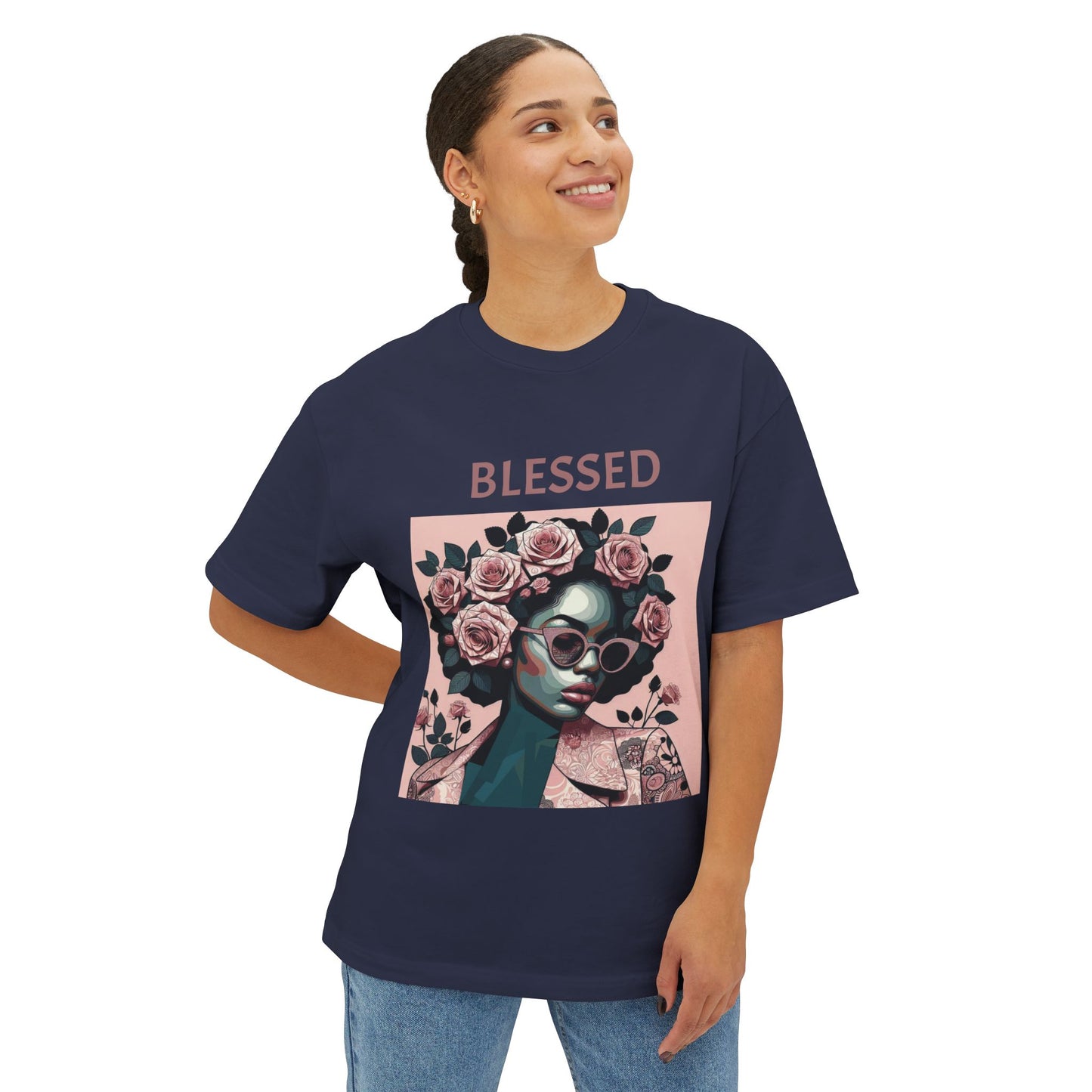 Unisex Oversized Boxy Tee - Blessed Floral Graphic Tee, Comfortable T-Shirt for Girls Night Out, Casual Summer Top, Gift for Her - Mauve Lettering