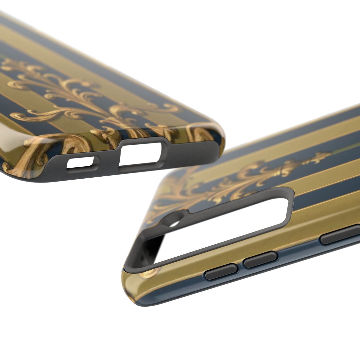 Elegant Midnight Blue & Olive Striped Gold Baroque Tough Phone Case, Phone Cover, Durable Case for Protection, Stylish Gift for Him/Her