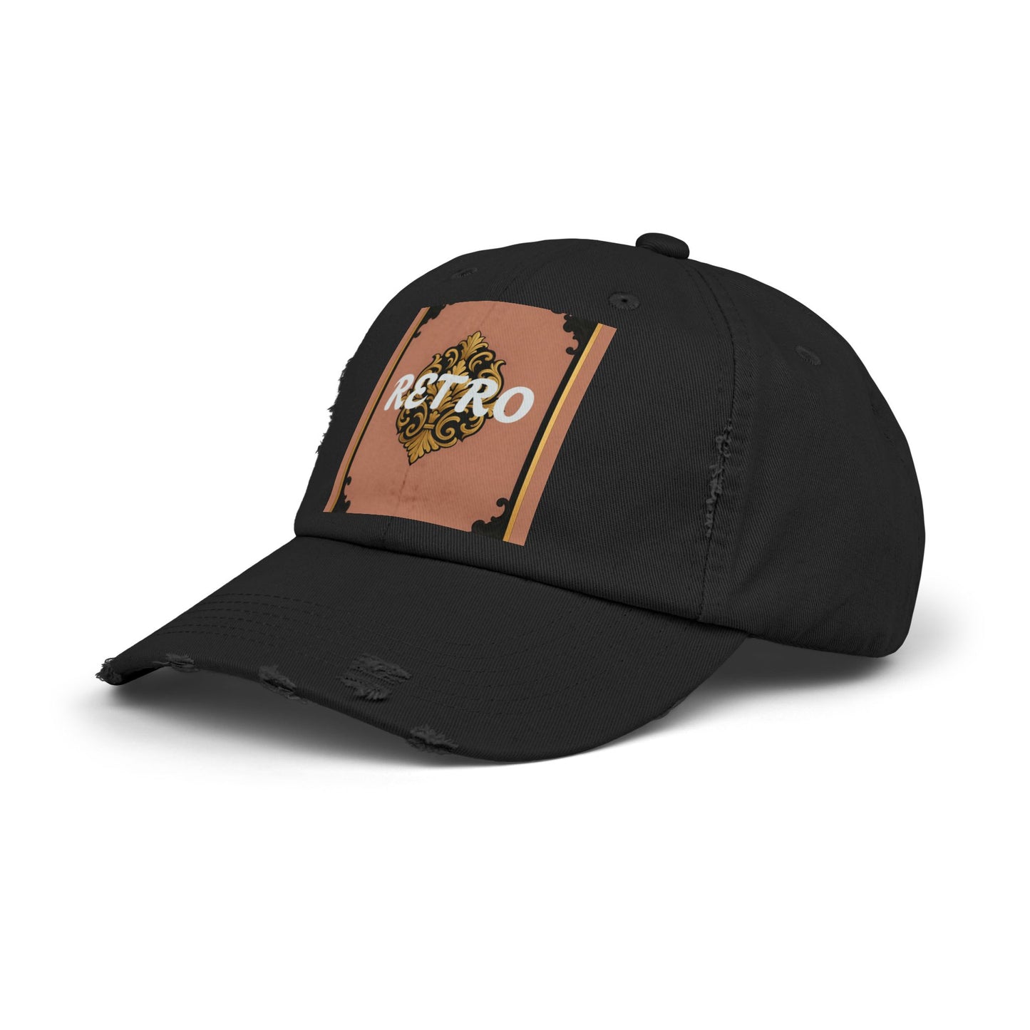 Retro Mauve & Black-Gold Baroque Distressed Cap — Vintage Ornamental Logo Dad Hat
