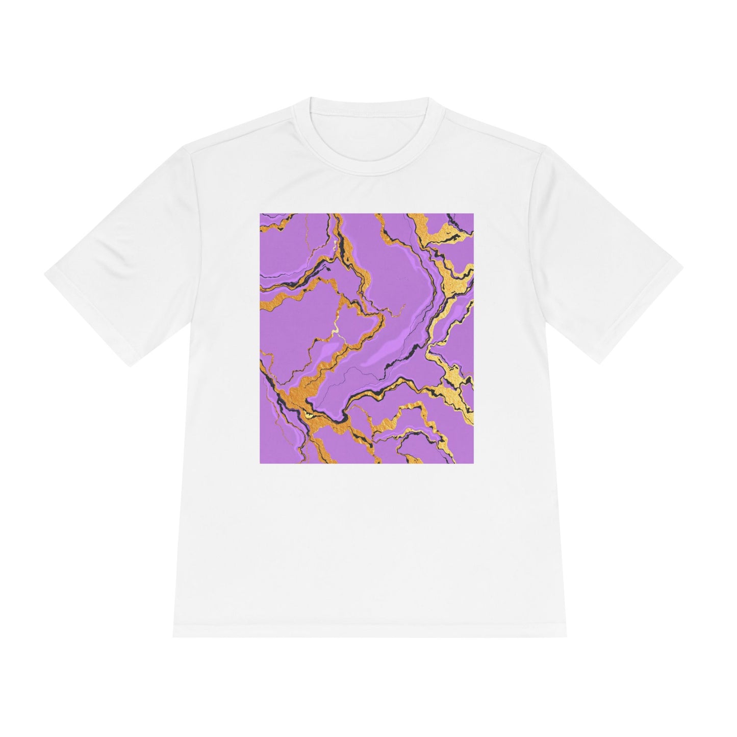 Unisex Moisture-Wicking Tee with Purple and Gold Marble Design - Athletic Shirt, Casual Wear, Fitness Apparel, Summer Style, Gift Idea