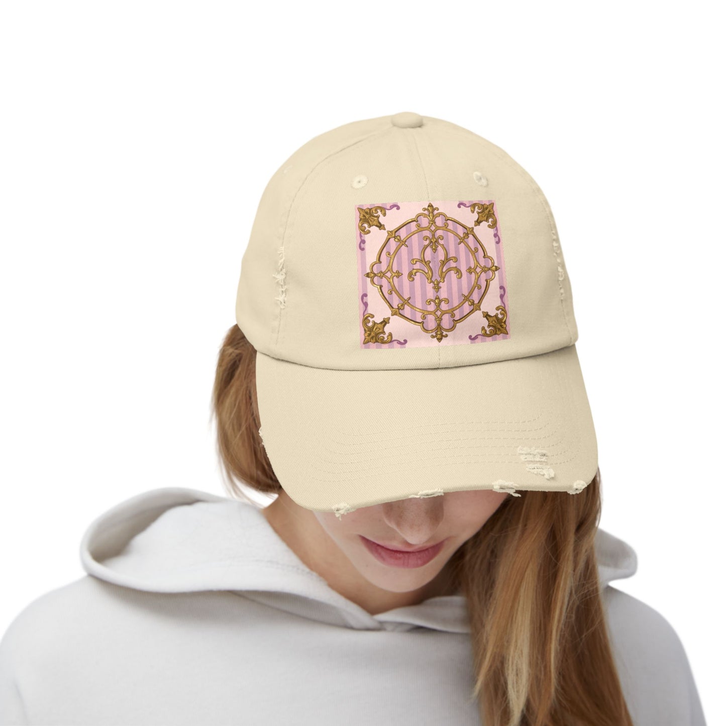 Chic Distressed Cap with Elegant Lavender & Alabaster Striped Gold Baroque Design | Casual Style, Streetwear, Gift for Her, Unique Accessory