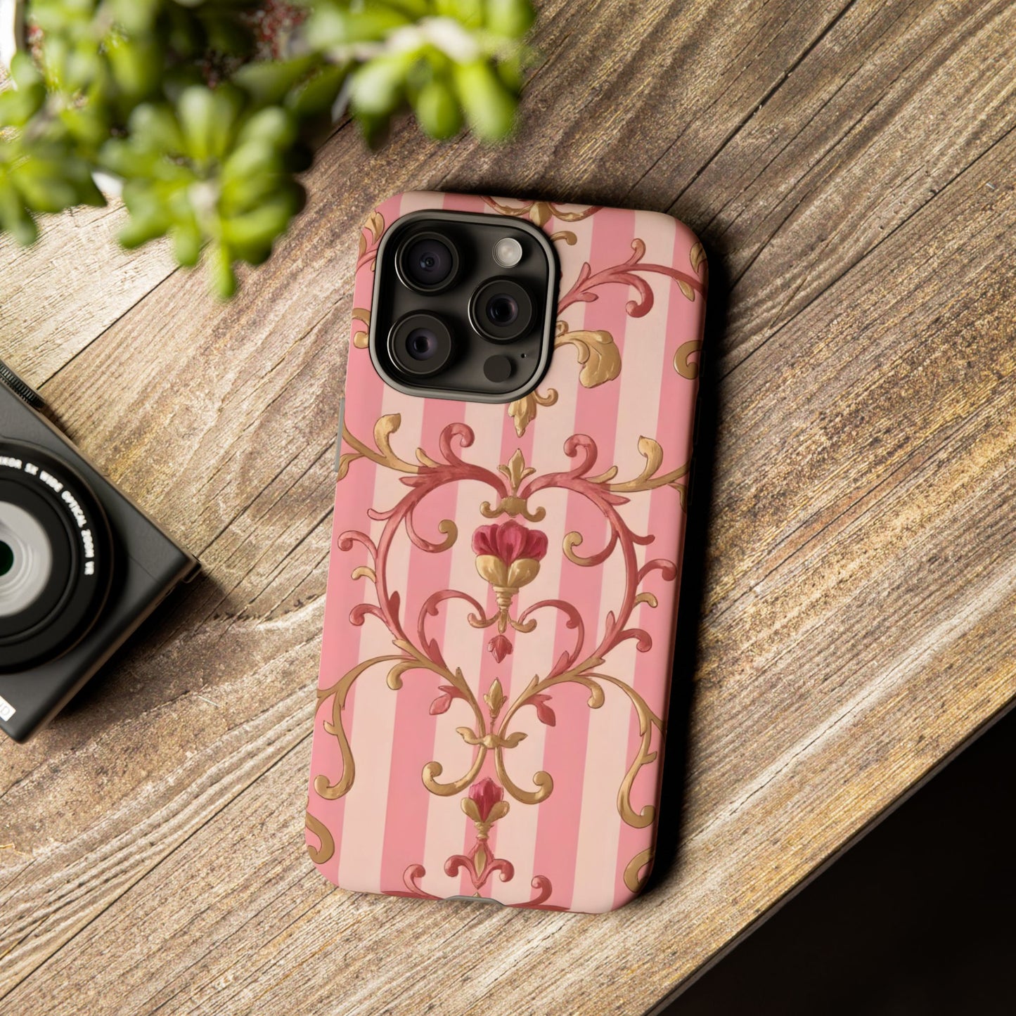 Elegant Floral Motif Phone Case - Tough Cases with Vintage Design - Pink Striped Rose Gold Damask