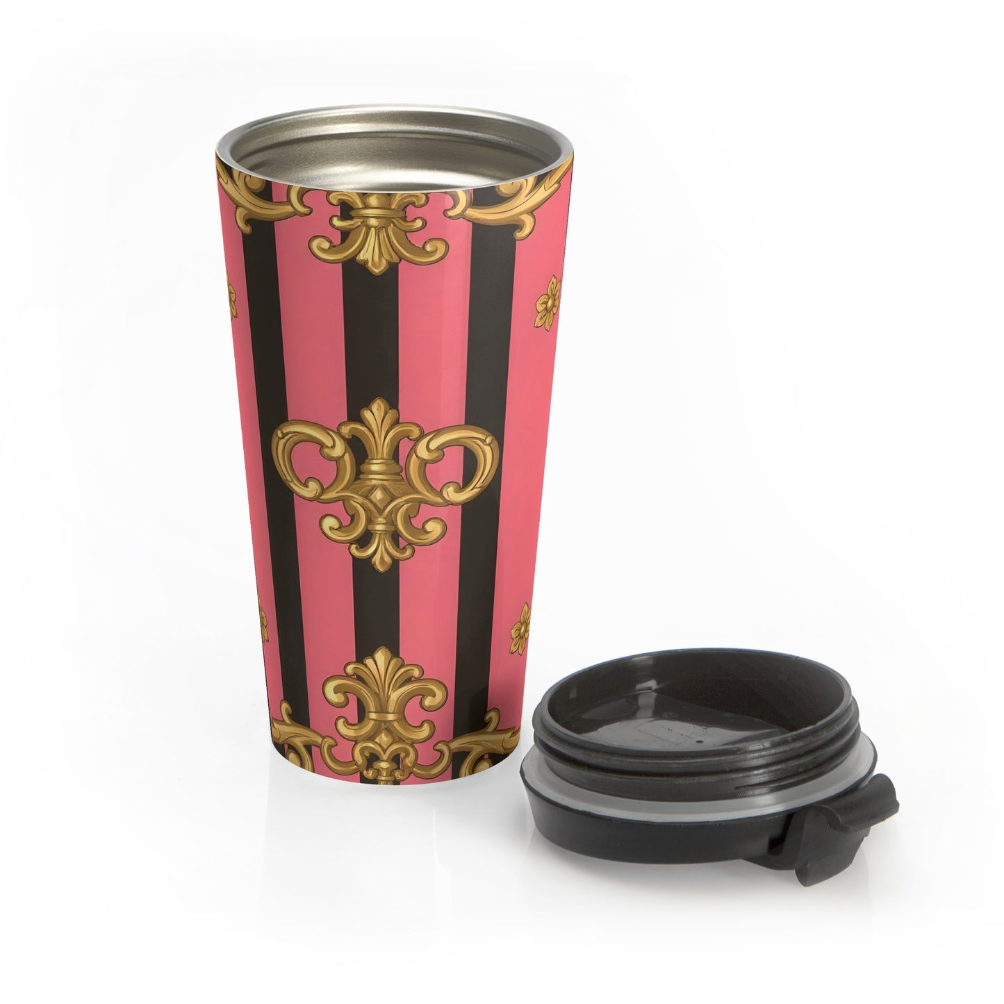 Chic Pink Travel Mug, Elegant Coffee Cup, Perfect for Gifts, Stylish Insulated Mug - Pink & Black Striped Gold Baroque