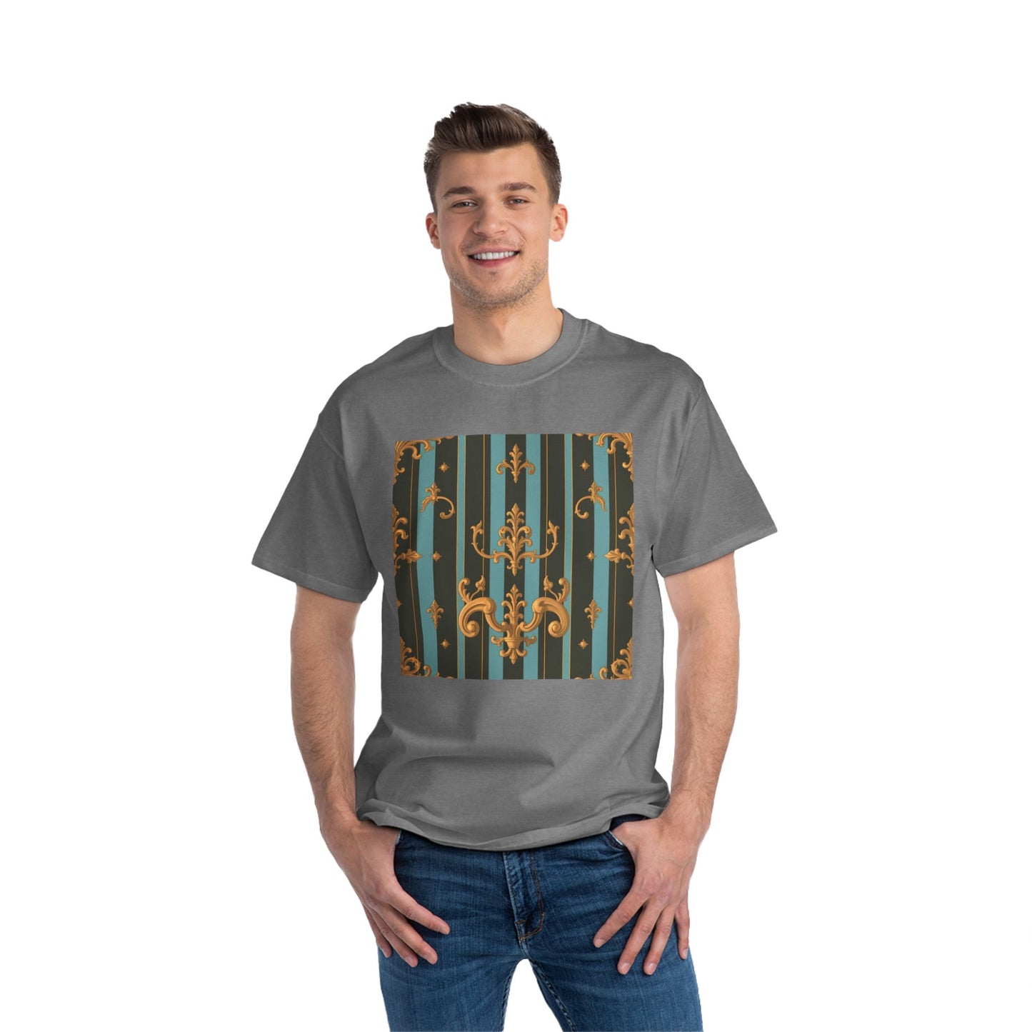 Elegant Vintage Pattern T-Shirt, Stylish Tee for Everyday Wear, Retro Design Shirt, Perfect Gift for Art Lovers - Black & Turquoise Striped Baroque
