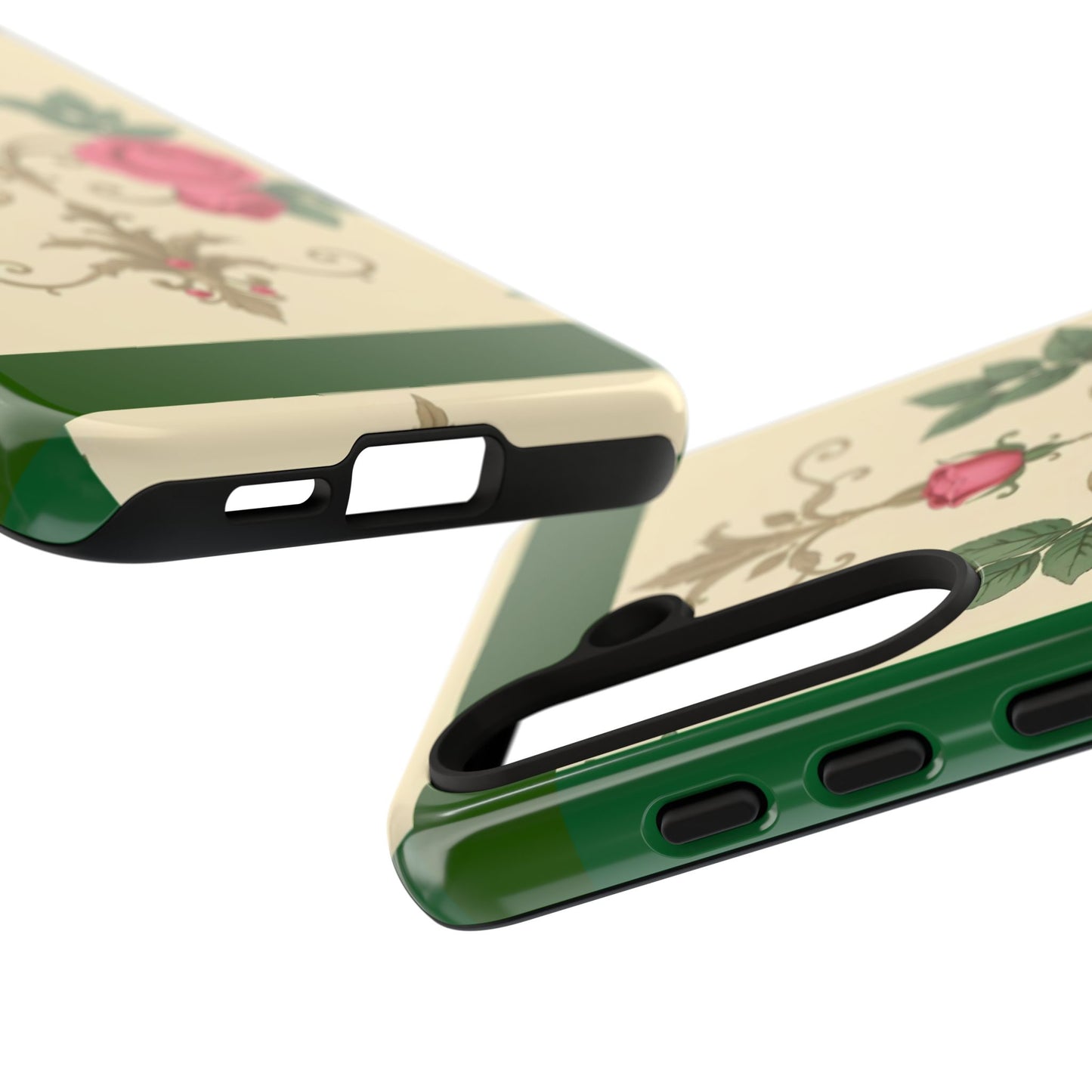 Elegant Floral Motif Phone Case - Tough Cases with Vintage Design - Green Border Roses & Damask