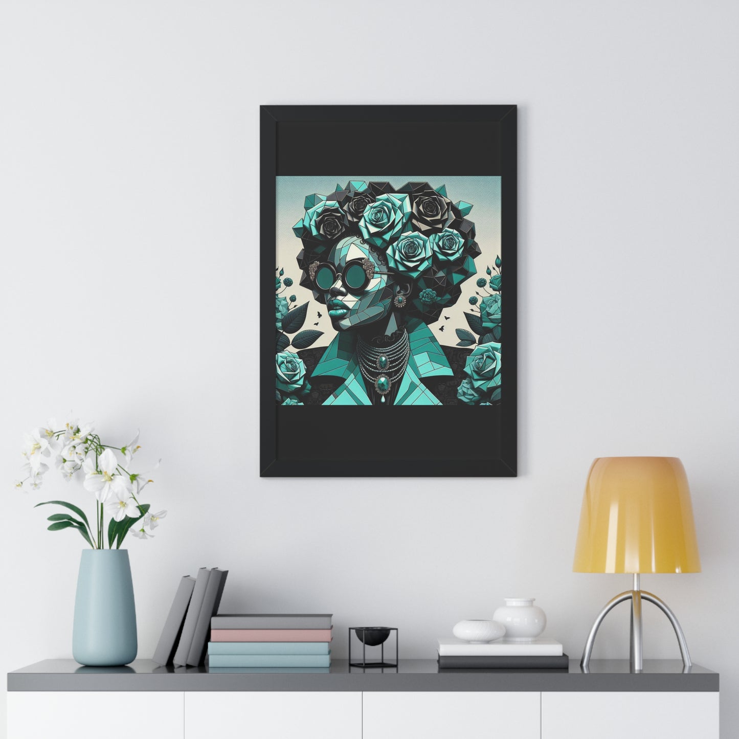 Framed Art Poster, Bohemian Home Decor, Wall Art for Living Room, Gift for Art Lovers, Unique Framed Wall Decor - Turquoise & Black Roses Lady