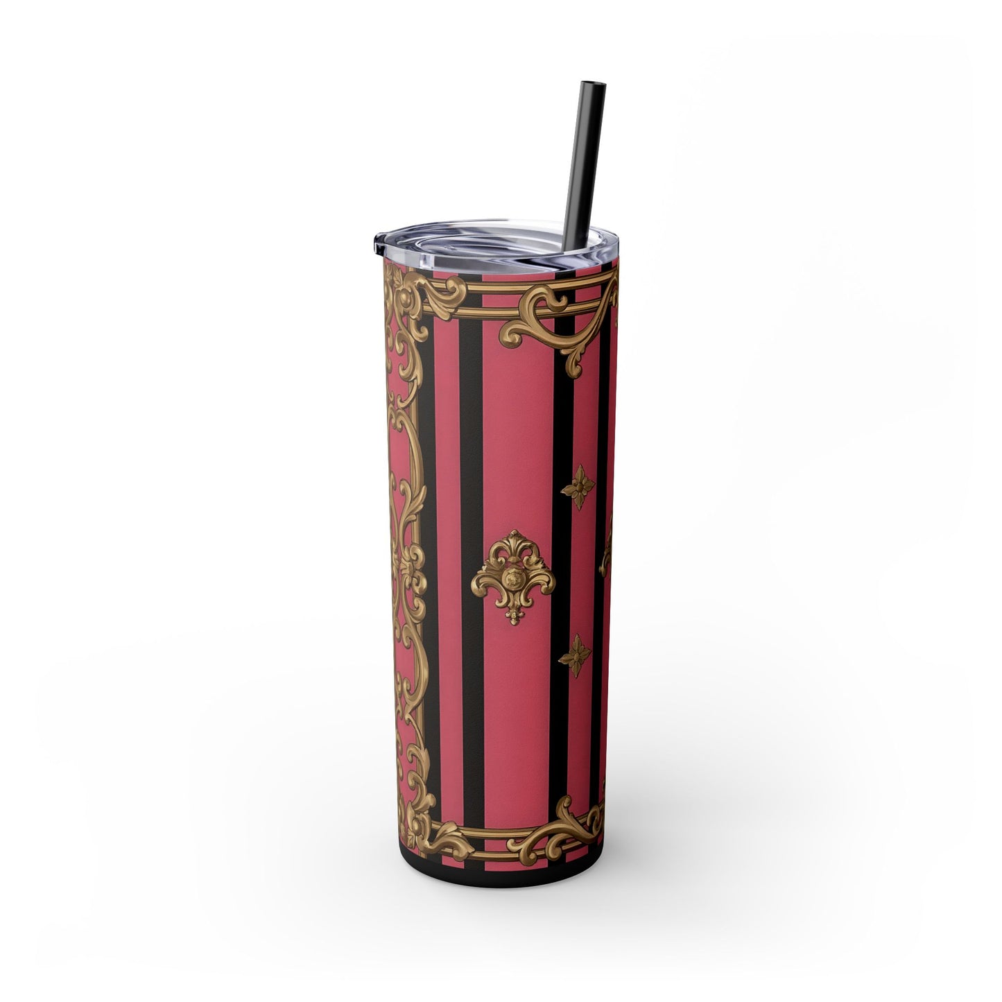 Elegant Pink Striped Skinny Tumbler with Straw, 20oz, Stylish Drinkware, Custom Gift Idea, Travel Mug, Wedding Gift - Pink Striped Gold Rococo