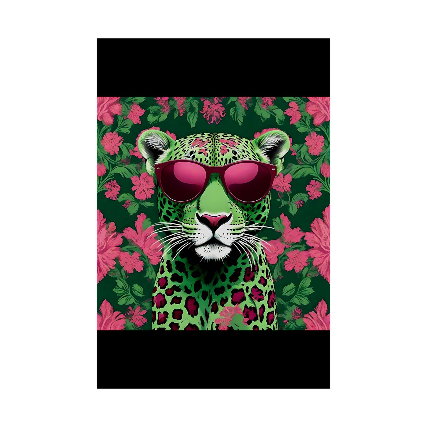 Floral Motif Art Poster - Elegant Matte Vertical Wall Decor - Lime Green & Burgundy Leopard In Sunglasses