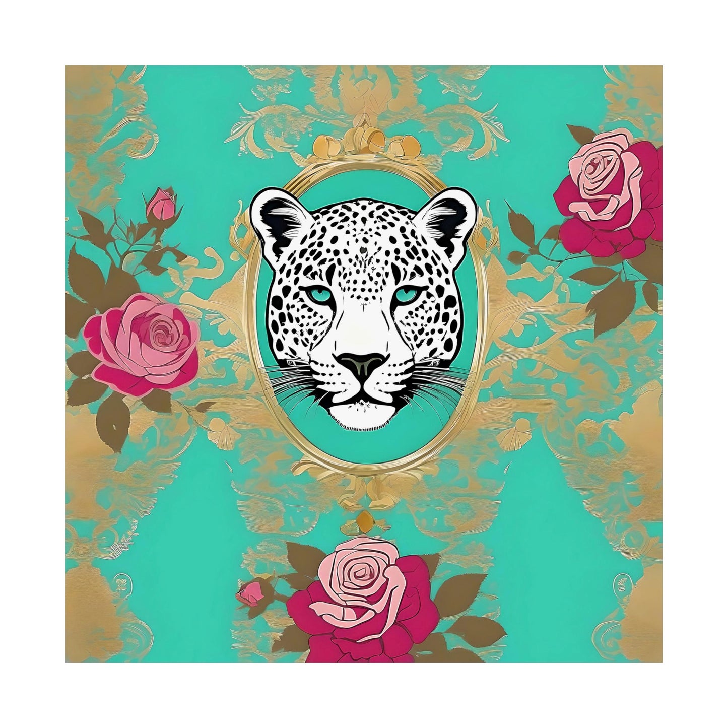 Floral Motif Art Poster - Elegant Matte Vertical Wall Decor - Leopard In Aqua With Roses