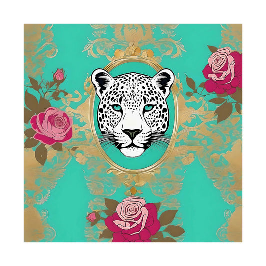Floral Motif Art Poster - Elegant Matte Vertical Wall Decor - Leopard In Aqua With Roses