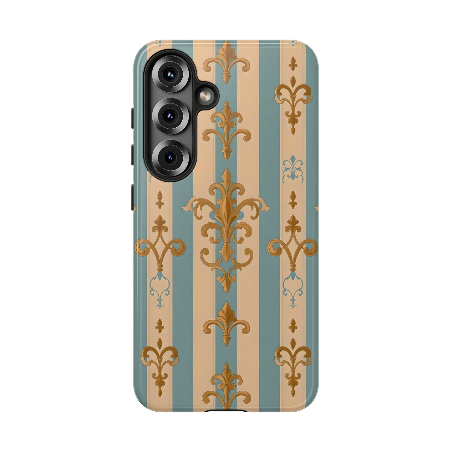 Elegant Floral Motif Phone Case - Tough Cases with Vintage Design -  Beige & Sky Blue Striped Gold Damask