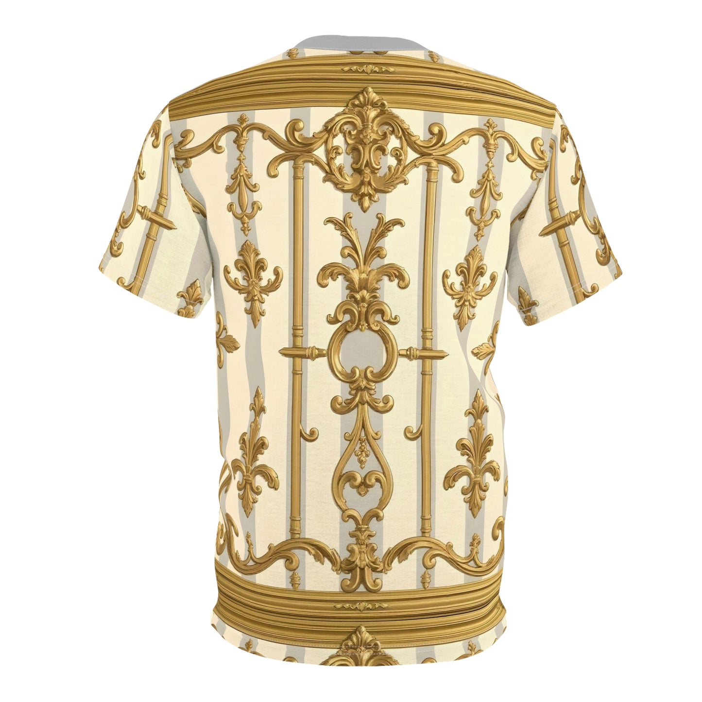 Elegant Gold Patterned Unisex Tee | Fashionable Summer Style, Trendy Gift, Unique Festival Wear - Matte Gray & Cream Striped Gold Baroque