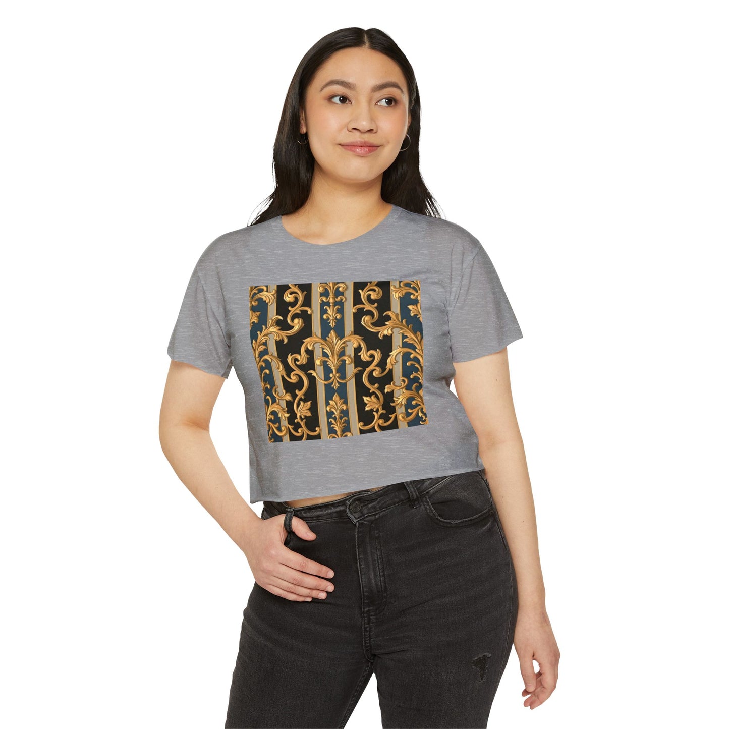 Women’s Festival Crop Top with Stylish Floral Pattern - Summer Outfit, Boho Chic, Concert Wear - Blue & Black Striped Rococo