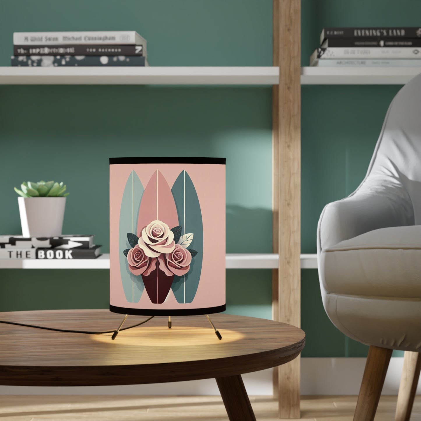Boho Surf Tripod Lamp with Floral Design - High-Res Printed Shade - Burgundy, Matte Mauve & Teal Surfboard & Roses Design