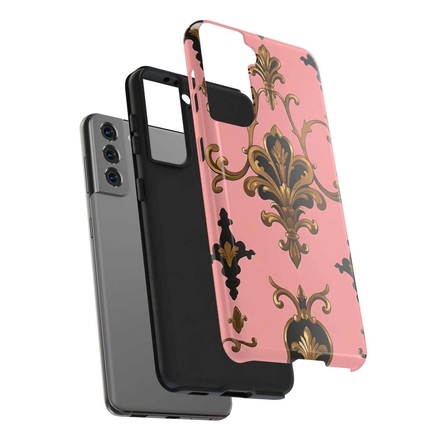 Chic Tough Phone Cases with Floral Design, Elegant Phone Cover, Durable Smartphone Case, Stylish Tech Accessory - Pink, Black & Gold Rococo