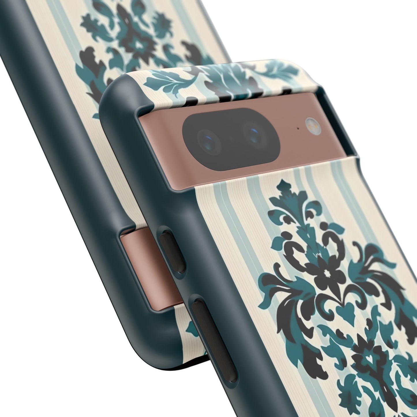 Elegant Floral Phone Case - Tough Cases with Vintage Design - Teal Striped Damask
