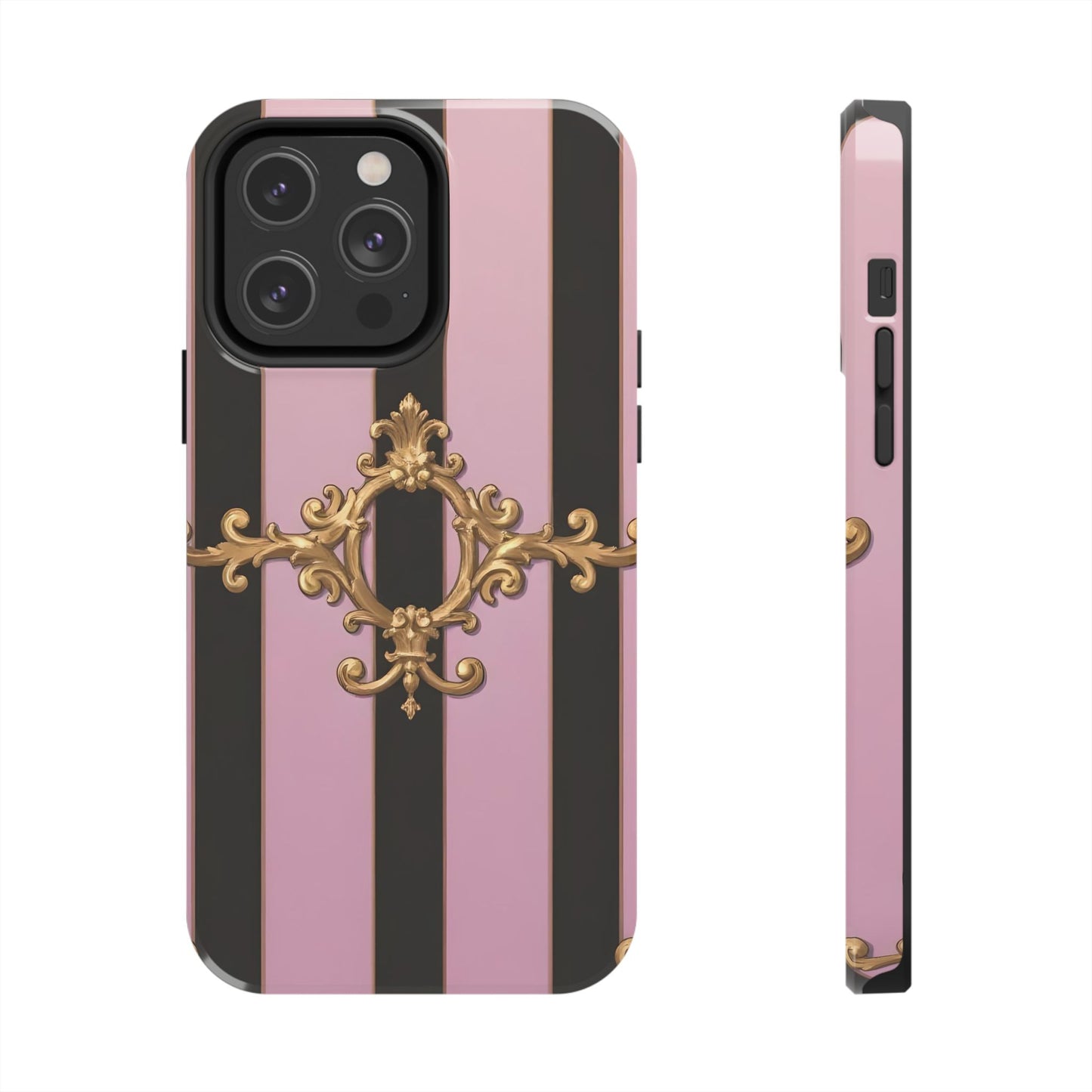 Stylish Tough Phone Case for Elegant Protection, Fashionable Accessories, Smartphone Cover - Matte Lavender & Black Striped Gold Baroque