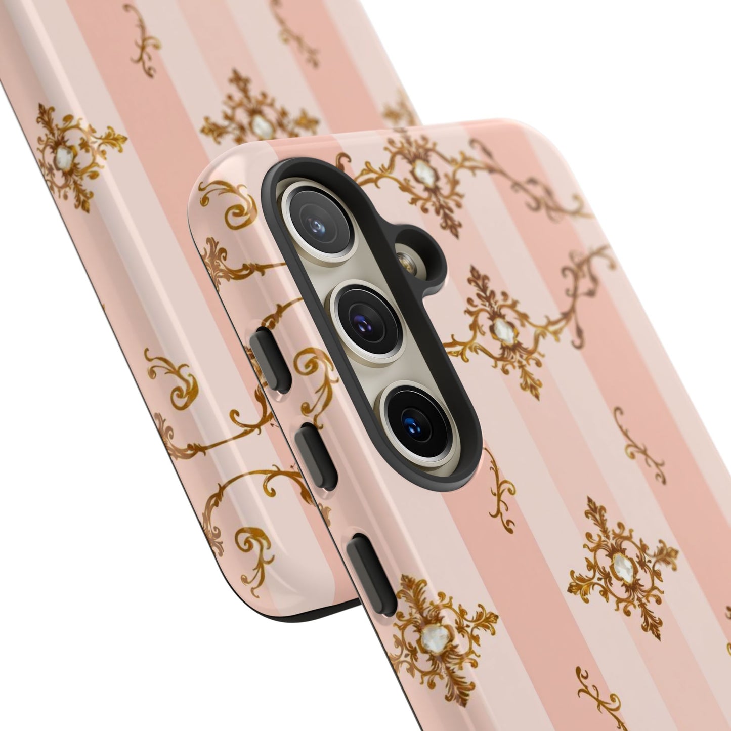 Elegant Floral Phone Case, Tough Cases for Women, Trendy Phone Cover, Chic Gift - Pink Jeweled Striped Gold Baroque