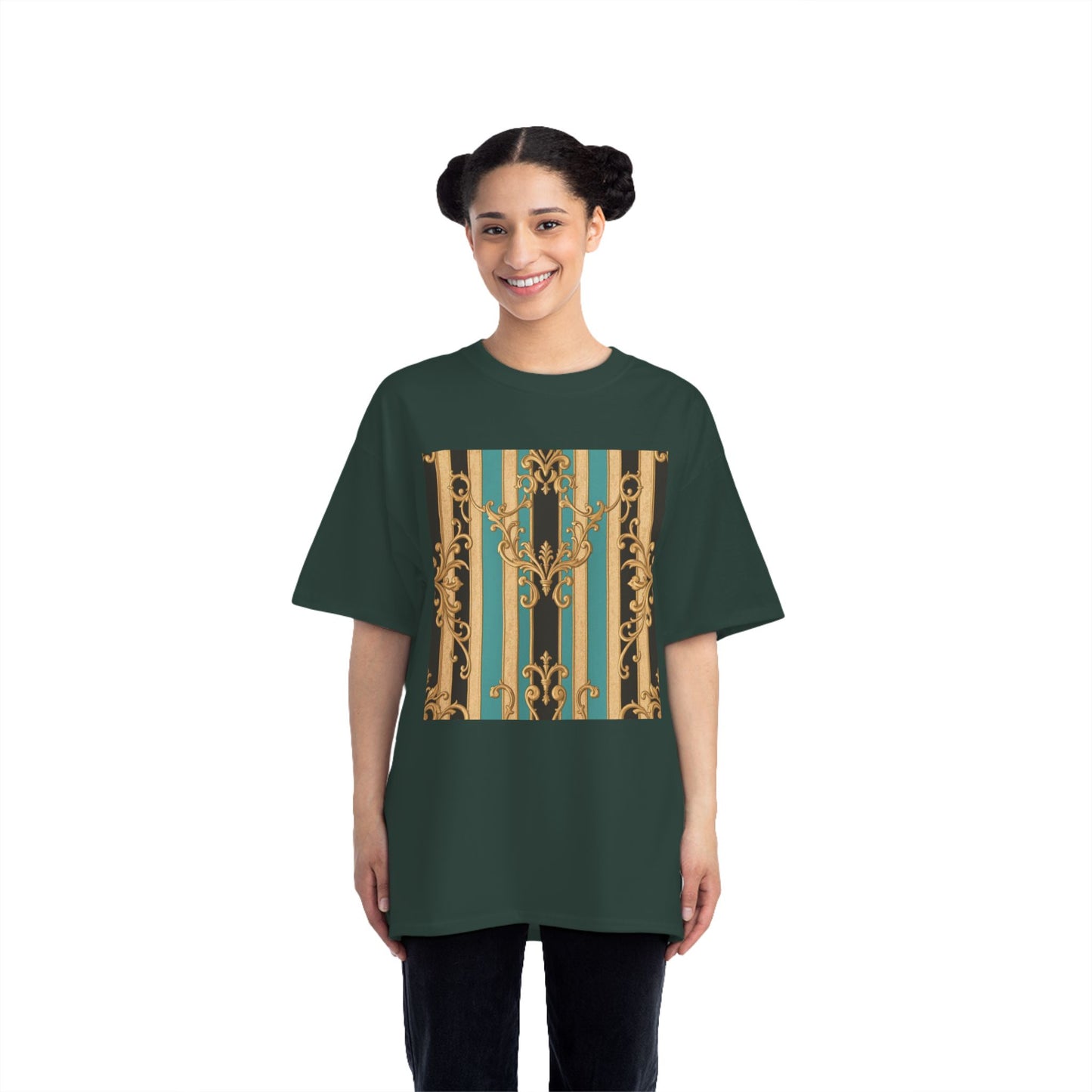 Chic Black, Tan & Ocean Green Striped Gold Baroque Vintage Pattern T-Shirt - Art Shirt, Stylish Casual Wear, Gifts & Everyday Fashion